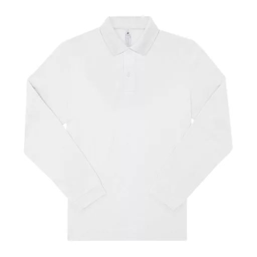 B&C hosszú ujjú előzsugorodott férfi galléros pamut póló O30, White-M