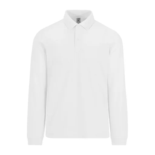 B&C hosszú ujjú előzsugorodott férfi galléros pamut póló O30, White-XL