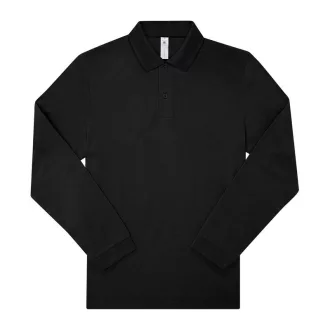  B&C hosszú ujjú előzsugorodott férfi galléros pamut póló O30, Black-M