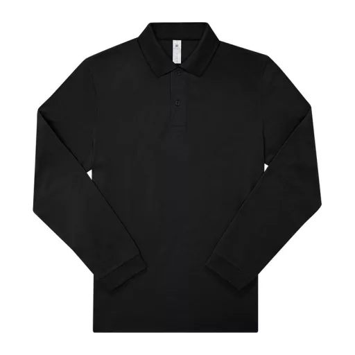 B&C hosszú ujjú előzsugorodott férfi galléros pamut póló O30, Black-M