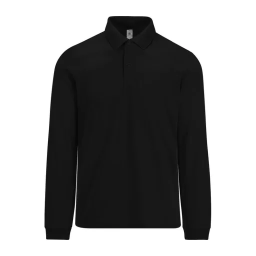 B&C hosszú ujjú előzsugorodott férfi galléros pamut póló O30, Black-4XL