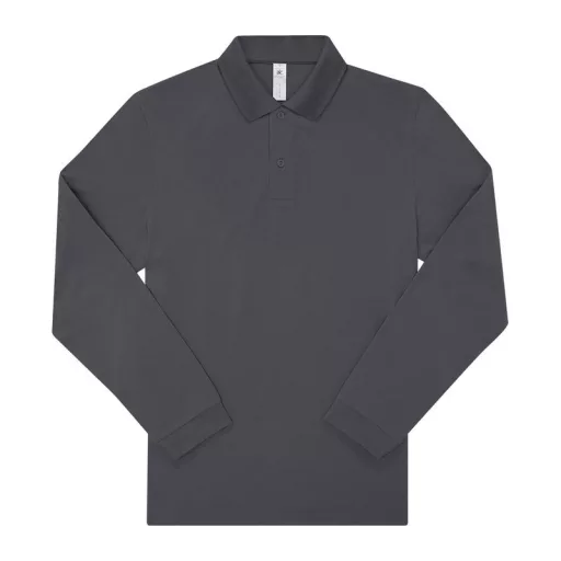 B&C hosszú ujjú előzsugorodott férfi galléros pamut póló O30, Dark Grey-S