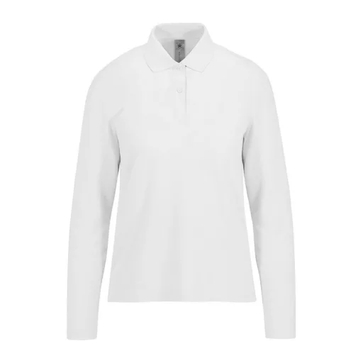 B&C hosszú ujjú előzsugorodott galléros Női pamut póló O31, White-S
