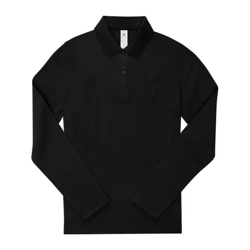 B&C hosszú ujjú előzsugorodott galléros Női pamut póló O31, Black-XS