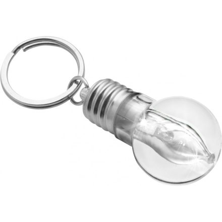 Villanykörte formájú világítós kulcstartó, ezüst/átlátszó
