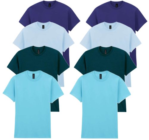 8 db-os, 4 színes csomagban Gildan kereknyakú pamut póló, Cobalt, Light Blue, Midnight, Sky-M
