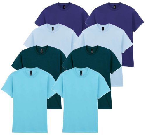 8 db-os, 4 színes csomagban Gildan kereknyakú pamut póló, Cobalt, Light Blue, Midnight, Sky-S