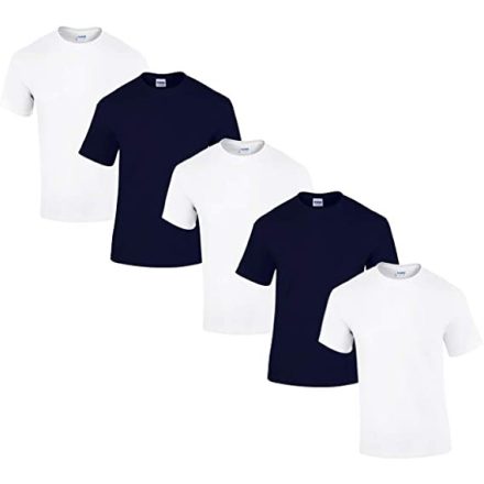 5 db-os csomagban Gildan kereknyakú pamut póló, fehér-sötétkék-XL