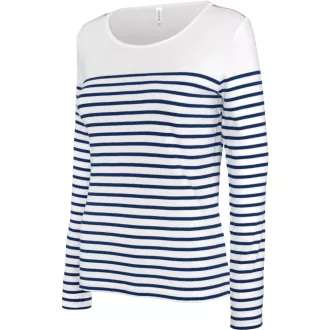   Női hosszú ujjú, csíkos pamut póló, Kariban KA386, Striped White/Navy-S