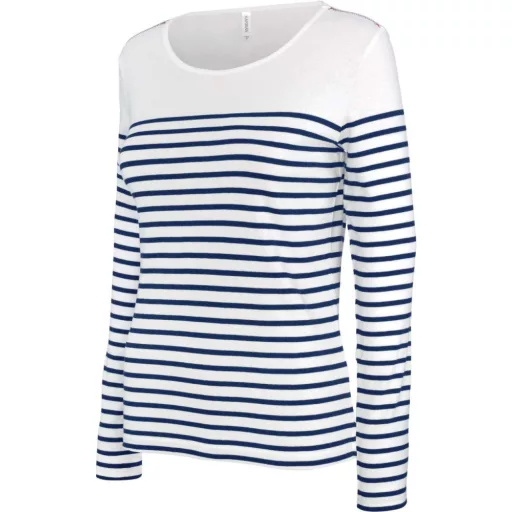 Női hosszú ujjú, csíkos pamut póló, Kariban KA386, Striped White/Navy-XL