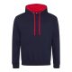 Just Hoods Uniszex kapucnis pulóver  kontrasztos színű kapucni béléssel AWJH003, New French Navy/Fire Red-M