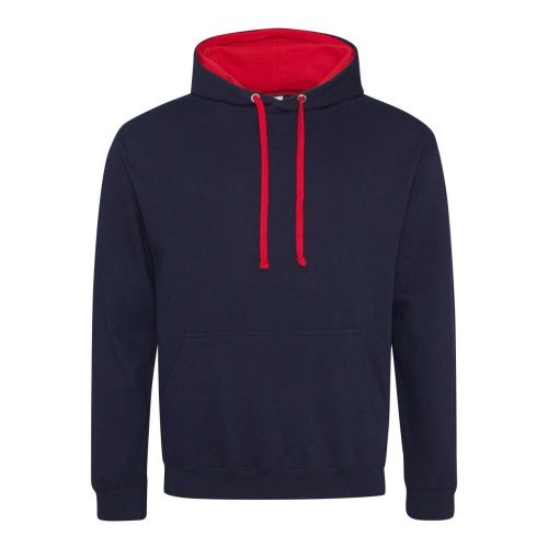 Just Hoods Uniszex kapucnis pulóver  kontrasztos színű kapucni béléssel AWJH003, New French Navy/Fire Red-XS
