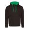 Just Hoods Uniszex kapucnis pulóver  kontrasztos színű kapucni béléssel AWJH003, Jet Black/Kelly Green-M