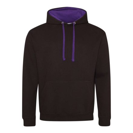 Just Hoods Uniszex kapucnis pulóver  kontrasztos színű kapucni béléssel AWJH003, Jet Black/Purple-L
