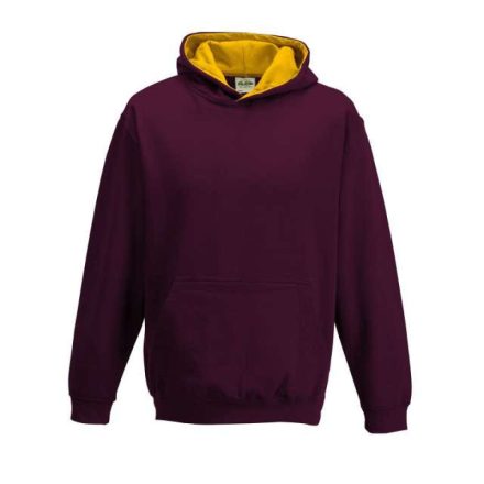 Just Hoods Gyerek kapucnis pulóver  kontrasztos színű kapucni béléssel AWJH003J, Burgundy/Gold-12/13