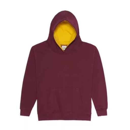 Just Hoods Gyerek kapucnis pulóver  kontrasztos színű kapucni béléssel AWJH003J, Burgundy/Gold-9/11