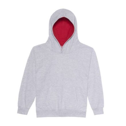 Just Hoods Gyerek kapucnis pulóver  kontrasztos színű kapucni béléssel AWJH003J, Heather Grey/Fire Red-3/4
