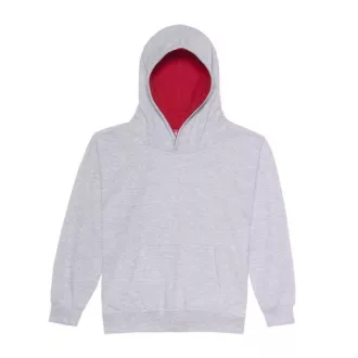   Just Hoods Gyerek kapucnis pulóver  kontrasztos színű kapucni béléssel AWJH003J, Heather Grey/Fire Red-5/6