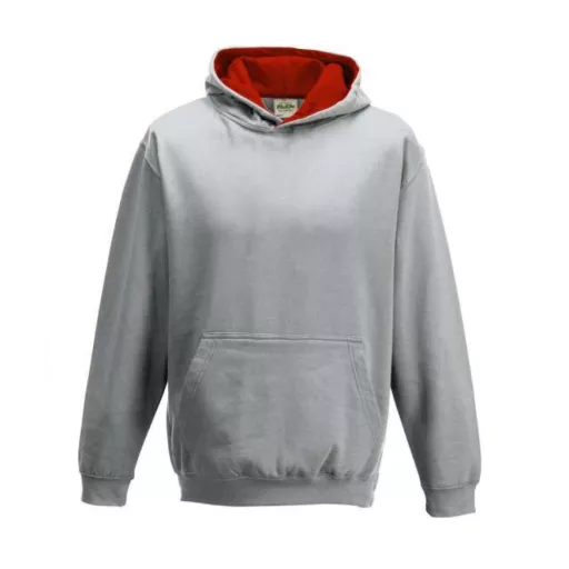 Just Hoods Gyerek kapucnis pulóver  kontrasztos színű kapucni béléssel AWJH003J, Heather Grey/Fire Red-7/8