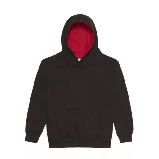 Just Hoods Gyerek kapucnis pulóver  kontrasztos színű kapucni béléssel AWJH003J, Jet Black/Fire Red-5/6