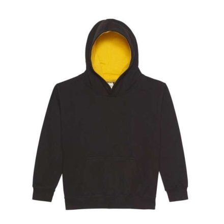Just Hoods Gyerek kapucnis pulóver  kontrasztos színű kapucni béléssel AWJH003J, Jet Black/Gold-12/13