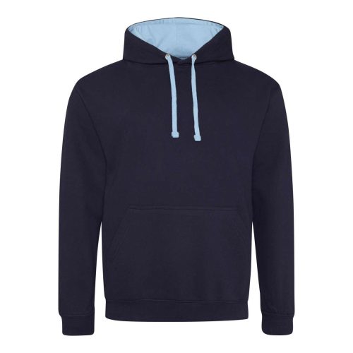 Just Hoods Uniszex kapucnis pulóver  kontrasztos színű kapucni béléssel AWJH003, New French Navy/Sky Blue-XS