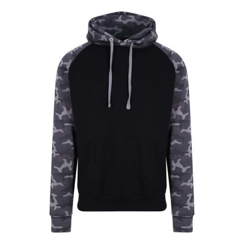 Just Hoods Uniszex raglános kétszínű kapucnis pulóver AWJH009, Solid Black/Black Camo-S