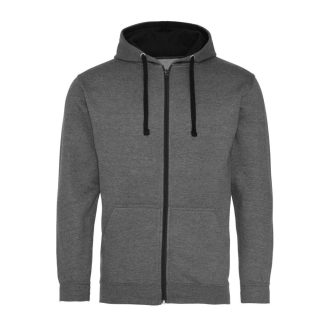   Just Hoods Uniszex pulóver kontrasztos színű cipzárral kapucnival AWJH053, Charcoal Grey/Jet Black-S