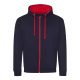 Just Hoods Uniszex pulóver kontrasztos színű cipzárral kapucnival AWJH053, New French Navy/Fire Red-L