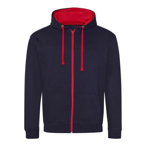 Just Hoods Uniszex pulóver kontrasztos színű cipzárral kapucnival AWJH053, New French Navy/Fire Red-S