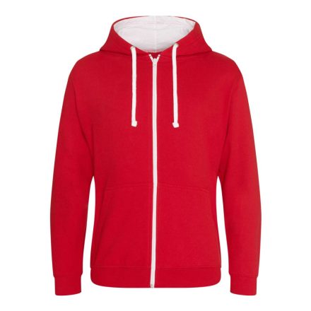 Just Hoods Uniszex pulóver kontrasztos színű cipzárral kapucnival AWJH053, Fire Red/Arctic White-2XL