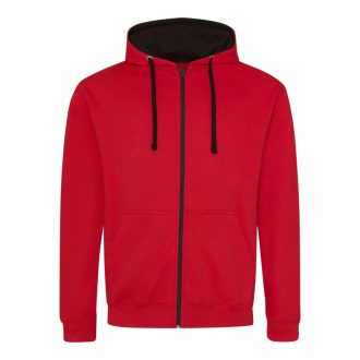   Just Hoods Uniszex pulóver kontrasztos színű cipzárral kapucnival AWJH053, Fire Red/Jet Black-S