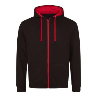   Just Hoods Uniszex pulóver kontrasztos színű cipzárral kapucnival AWJH053, Jet Black/Fire Red-S