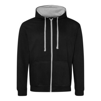   Just Hoods Uniszex pulóver kontrasztos színű cipzárral kapucnival AWJH053, Jet Black/Heather Grey-S