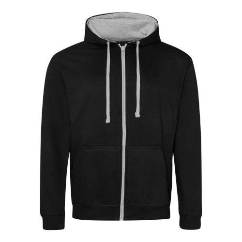 Just Hoods Uniszex pulóver kontrasztos színű cipzárral kapucnival AWJH053, Jet Black/Heather Grey-S