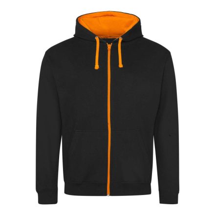 Just Hoods Uniszex pulóver kontrasztos színű cipzárral kapucnival AWJH053, Jet Black/Orange Crush-2XL