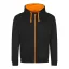 Just Hoods Uniszex pulóver kontrasztos színű cipzárral kapucnival AWJH053, Jet Black/Orange Crush-M
