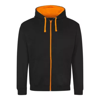   Just Hoods Uniszex pulóver kontrasztos színű cipzárral kapucnival AWJH053, Jet Black/Orange Crush-S