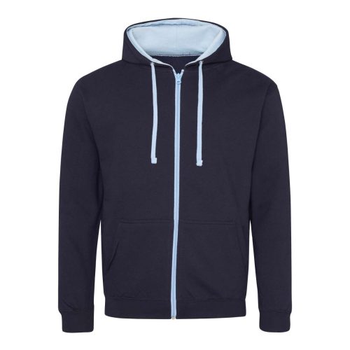 Just Hoods Uniszex pulóver kontrasztos színű cipzárral kapucnival AWJH053, New French Navy/Sky Blue-S