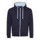 Just Hoods Uniszex pulóver kontrasztos színű cipzárral kapucnival AWJH053, New French Navy/Sky Blue-XL