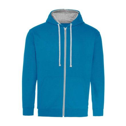 Just Hoods Uniszex pulóver kontrasztos színű cipzárral kapucnival AWJH053, Sapphire Blue/Heather Grey-2XL