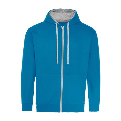 Just Hoods Uniszex pulóver kontrasztos színű cipzárral kapucnival AWJH053, Sapphire Blue/Heather Grey-S