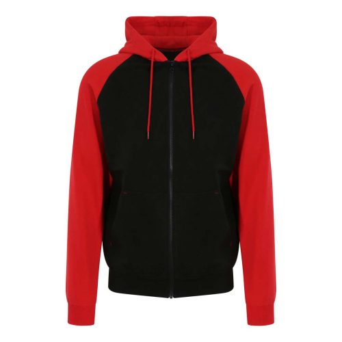 Just Hoods Uniszex kétszínű kapucnis cipzáros pulóver AWJH063, Jet Black/Fire Red-M
