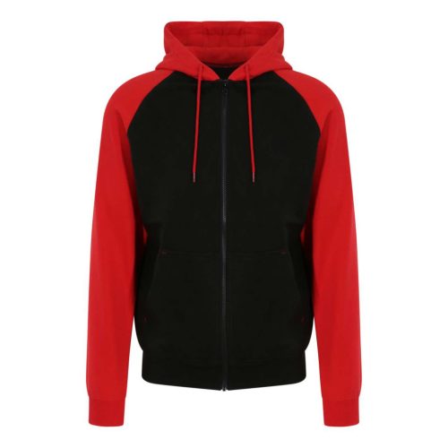 Just Hoods Uniszex kétszínű kapucnis cipzáros pulóver AWJH063, Jet Black/Fire Red-XL