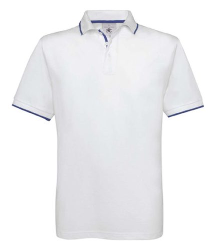 B&C BCPU413 kontrasztos szegélyű galléros férfi piké póló, White/Royal Blue-S