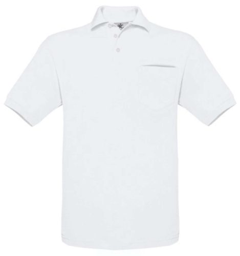 B&C BCPU415 mellzsebes rövid ujjú galléros piké férfi póló, White-M