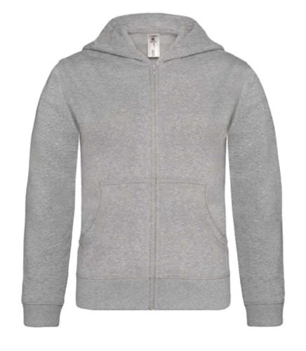 B&C BCWK682 cipzáros-kapucnis gyerek pulóver, Heather Grey-3/4