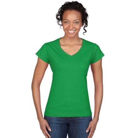 Softstyle V-nyakú testhez álló rövid ujjú női póló, Gildan GIL64V00, Irish Green-2XL