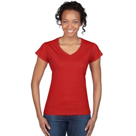 Softstyle V-nyakú testhez álló rövid ujjú női póló, Gildan GIL64V00, Red-2XL