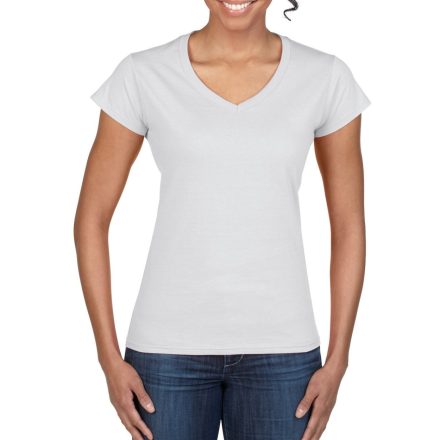 Softstyle V-nyakú testhez álló rövid ujjú női póló, Gildan GIL64V00, White-XL